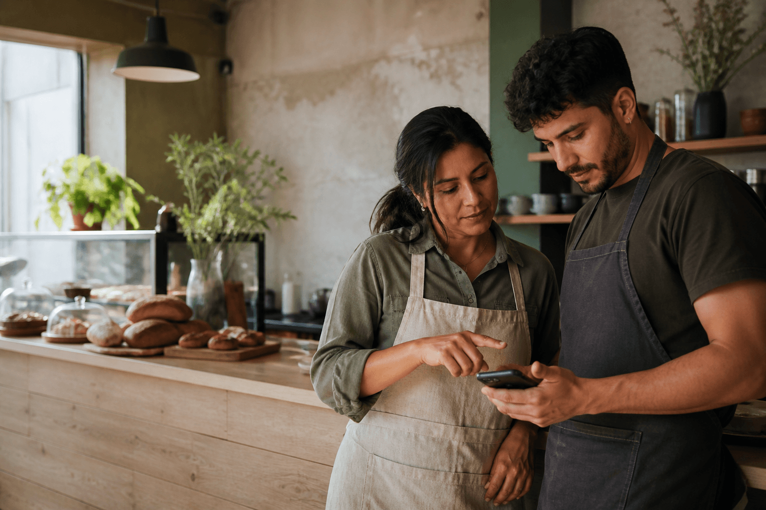 A cafe owner and employee reviewing the start of their workday together on a phone